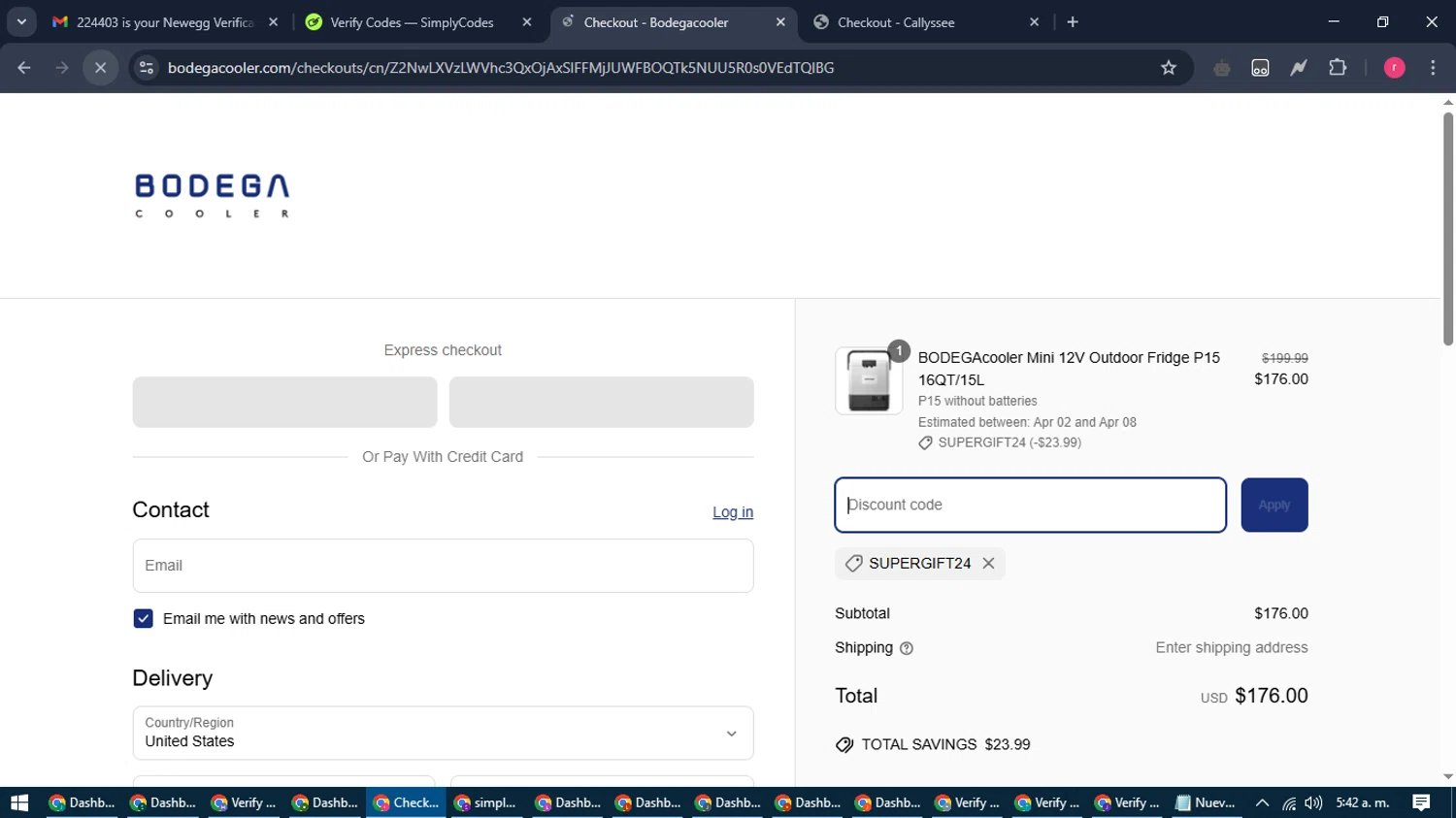 Bodega Cooler promo code screenshot showing code supergift24 applied at Bodega Cooler checkout page. Uploaded by SimplyCodes community member WisePro3739 on Mar 28, 2025