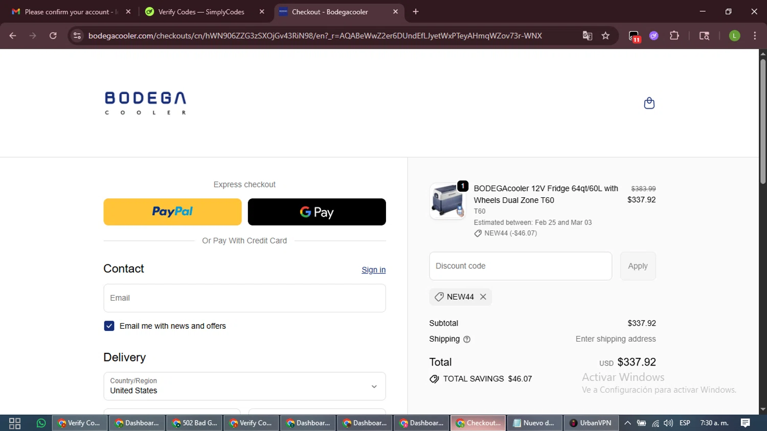 Bodega Cooler checkout page showing Bodega Cooler promo code box | Screenshot taken by SimplyCodes community member on Feb 20, 2026
