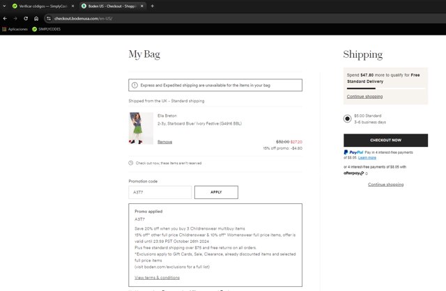 Boden checkout page showing Boden promo code box | Screenshot taken by SimplyCodes community member on Oct 20, 2024