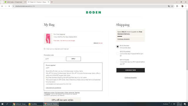 Boden checkout page showing Boden promo code box | Screenshot taken by SimplyCodes community member on Aug 20, 2024