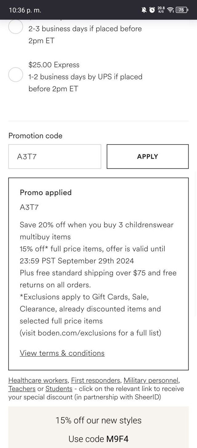 Boden checkout page showing Boden promo code box | Screenshot taken by SimplyCodes community member on Sep 11, 2024