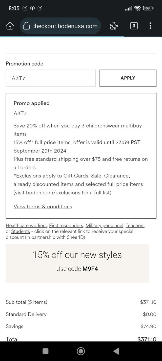 Boden checkout page showing Boden promo code box | Screenshot taken by SimplyCodes community member on Sep 28, 2024