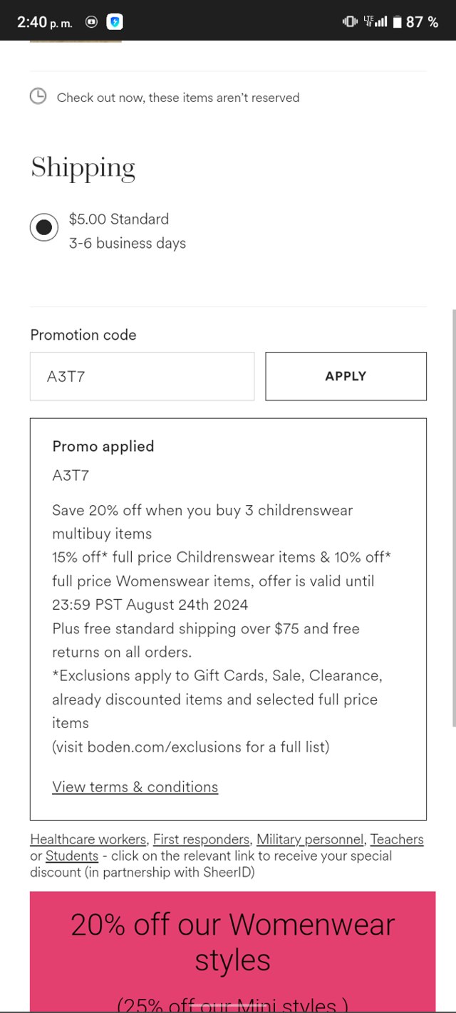 Boden checkout page showing Boden promo code box | Screenshot taken by SimplyCodes community member on Aug 30, 2024