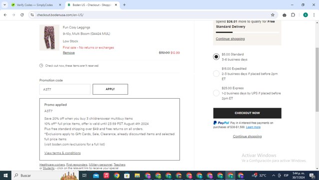 Boden checkout page showing Boden promo code box | Screenshot taken by SimplyCodes community member on Jul 30, 2024