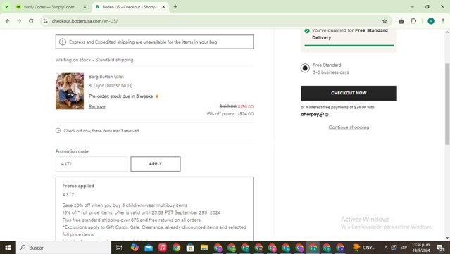 Boden checkout page showing Boden promo code box | Screenshot taken by SimplyCodes community member on Sep 20, 2024