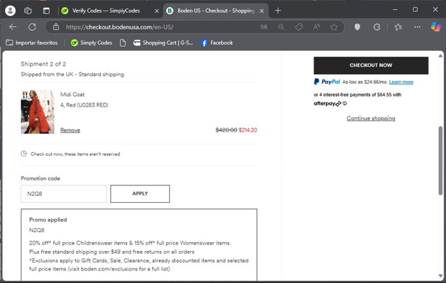 Boden checkout page showing Boden promo code box | Screenshot taken by SimplyCodes community member on Dec 18, 2024