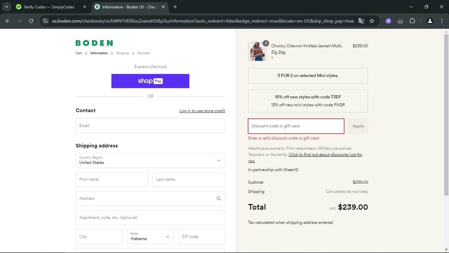 Boden promo code screenshot showing code T4Y8 applied at Boden checkout page. Uploaded by SimplyCodes community member RoyalOwl5790 on Aug 6, 2025