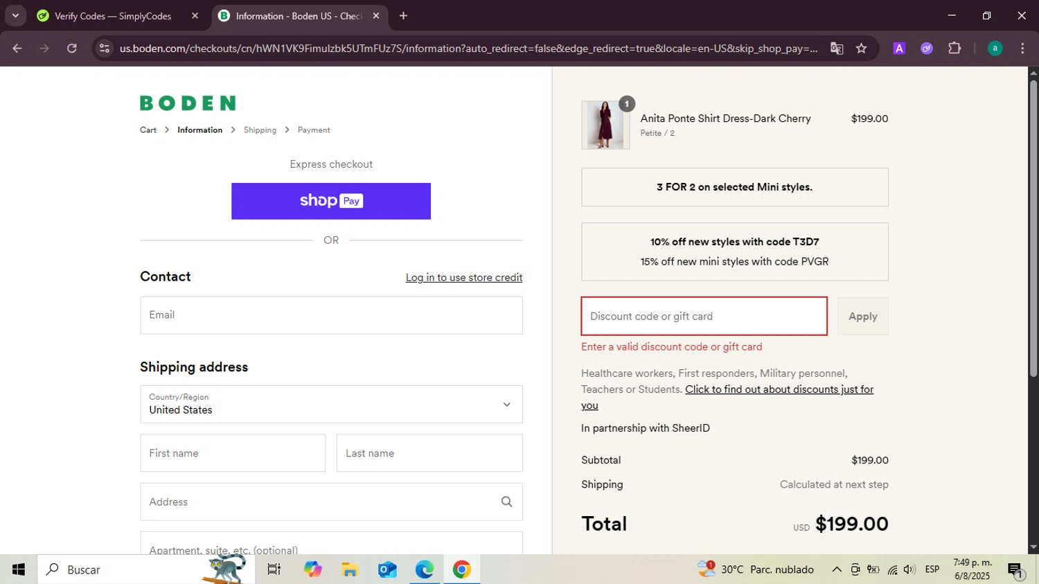 Boden promo code screenshot showing code T4Y8 applied at Boden checkout page. Uploaded by SimplyCodes community member Santiagotremont on Aug 6, 2025