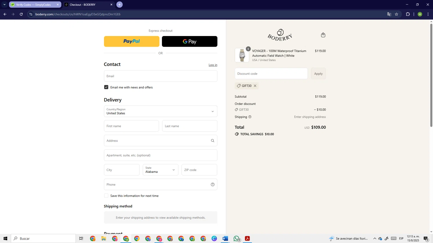 Boderry discount code screenshot showing code gift30 applied at Boderry checkout page. Uploaded by SimplyCodes community member PrimeSage6924 on Aug 15, 2025