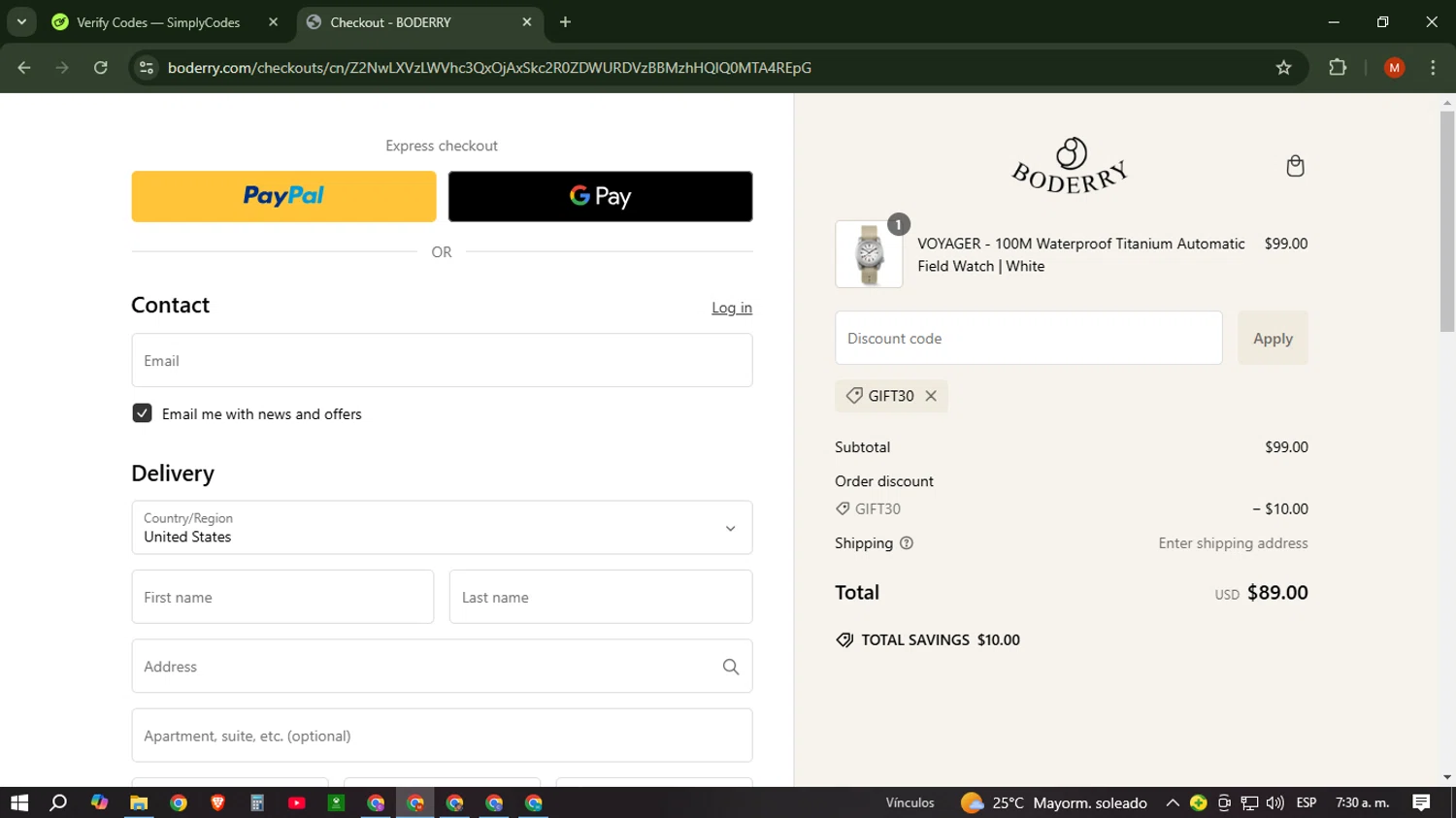 Boderry discount code screenshot showing code gift30 applied at Boderry checkout page. Uploaded by SimplyCodes community member NobleSentinel6058 on Dec 28, 2024