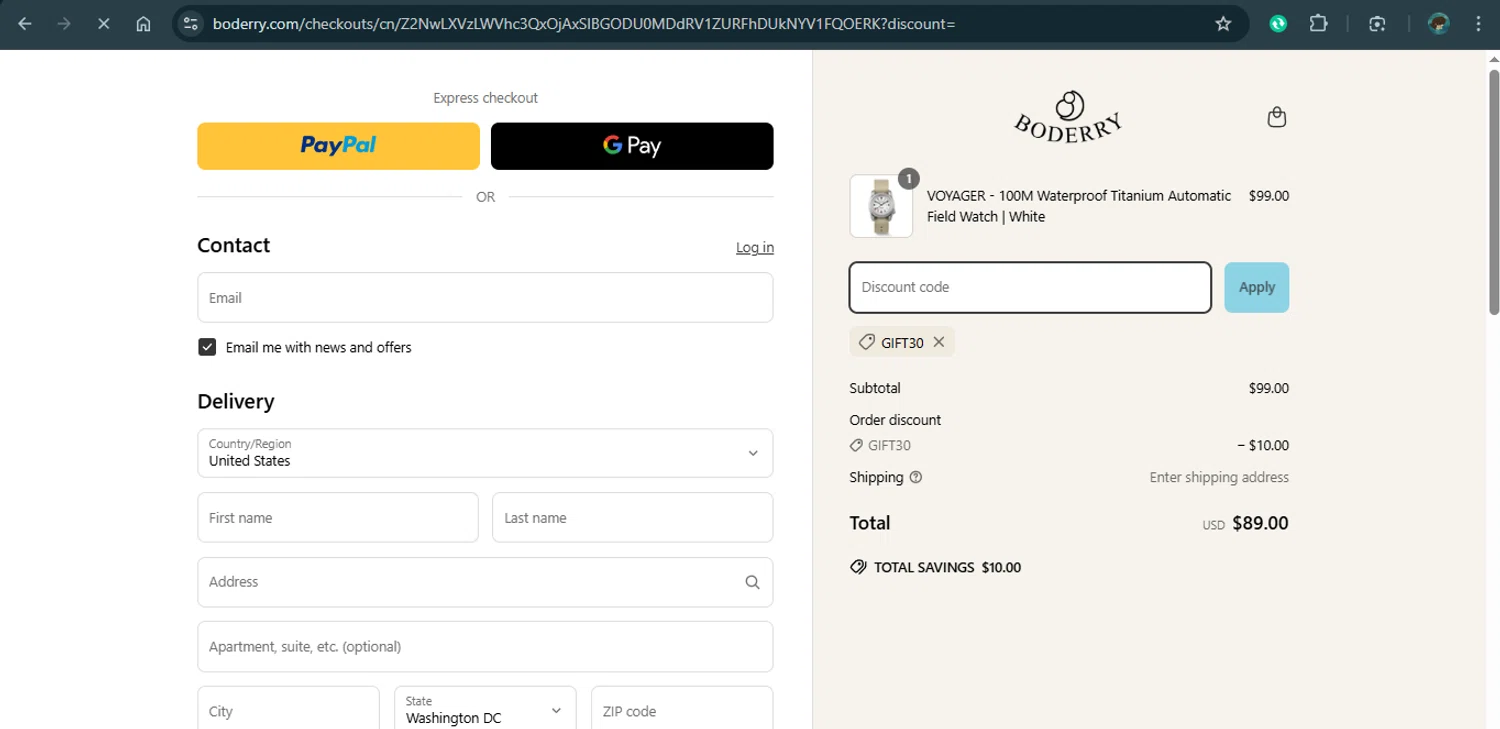 Boderry discount code screenshot showing code gift30 applied at Boderry checkout page. Uploaded by SimplyCodes community member xAngel on Mar 16, 2025