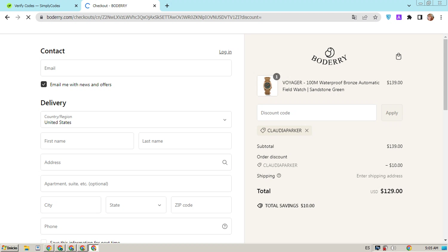 Boderry discount code screenshot showing code CLAUDIAPARKER applied at Boderry checkout page. Uploaded by SimplyCodes community member hectorpetit1 on Mar 3, 2025