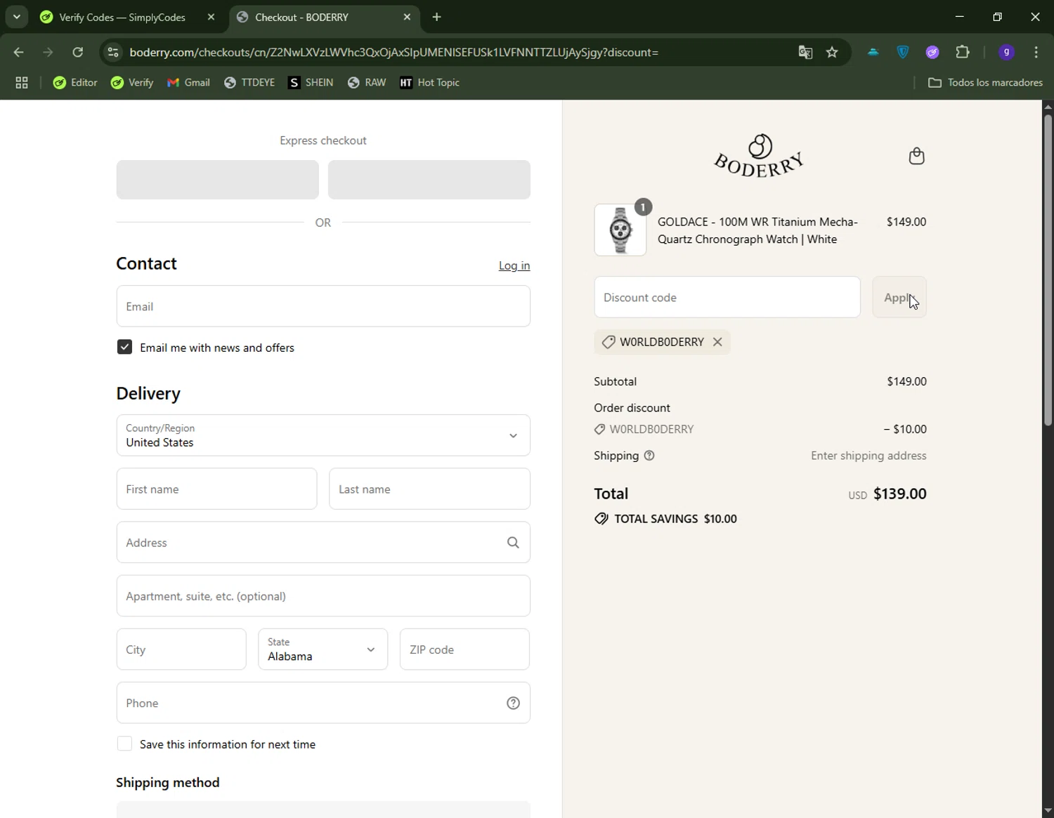 Boderry discount code screenshot showing code W0RLDB0DERRY applied at Boderry checkout page. Uploaded by SimplyCodes community member CapitanCentella on Jul 10, 2025