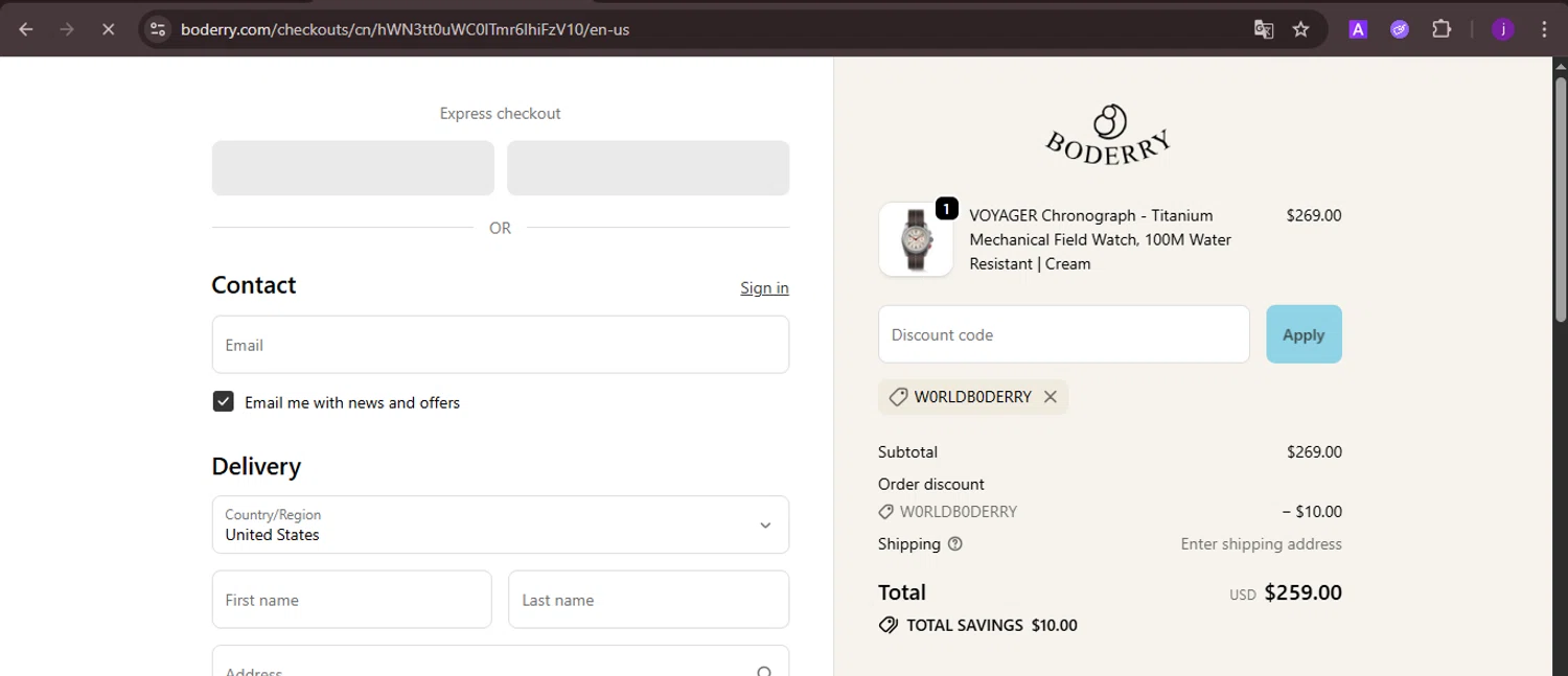 Boderry discount code screenshot showing code W0RLDB0DERRY applied at Boderry checkout page. Uploaded by SimplyCodes community member CoinMaverick1452 on Oct 9, 2025