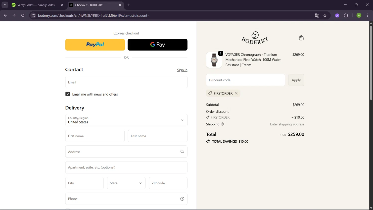 Boderry discount code screenshot showing code FIRSTORDER applied at Boderry checkout page. Uploaded by SimplyCodes community member SavingsHero9122 on Oct 1, 2025