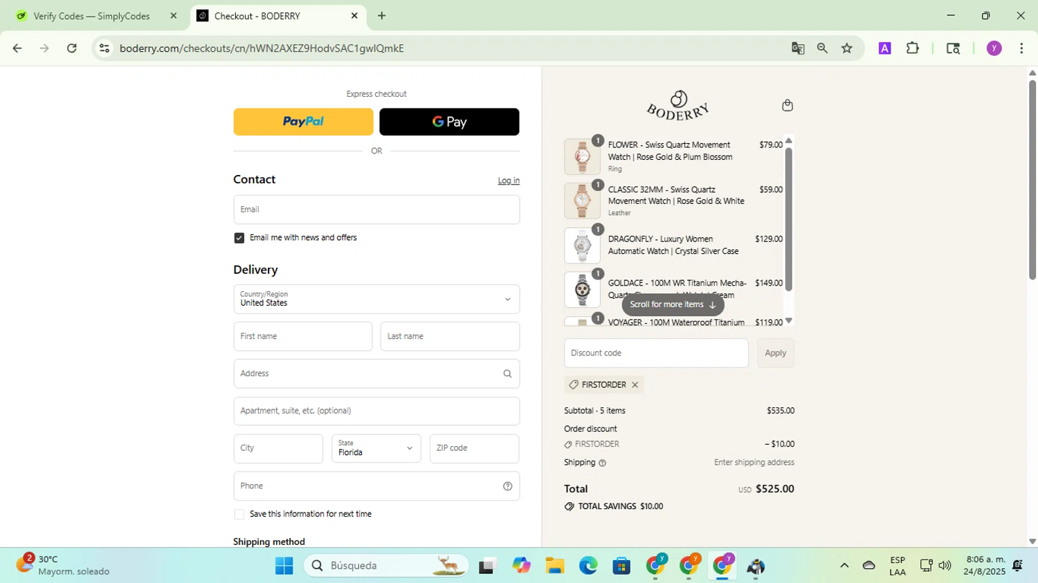 Boderry discount code screenshot showing code FIRSTORDER applied at Boderry checkout page. Uploaded by SimplyCodes community member yadicg054 on Aug 24, 2025