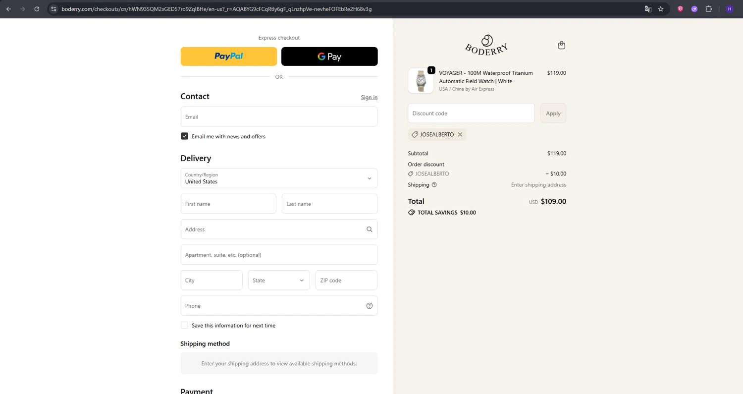 Boderry checkout page showing Boderry discount code box | Screenshot taken by SimplyCodes community member on Feb 21, 2026
