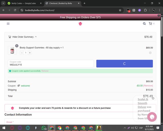 Bodied by Bella checkout page showing Bodied by Bella discount code box | Screenshot taken by SimplyCodes community member on Sep 11, 2025