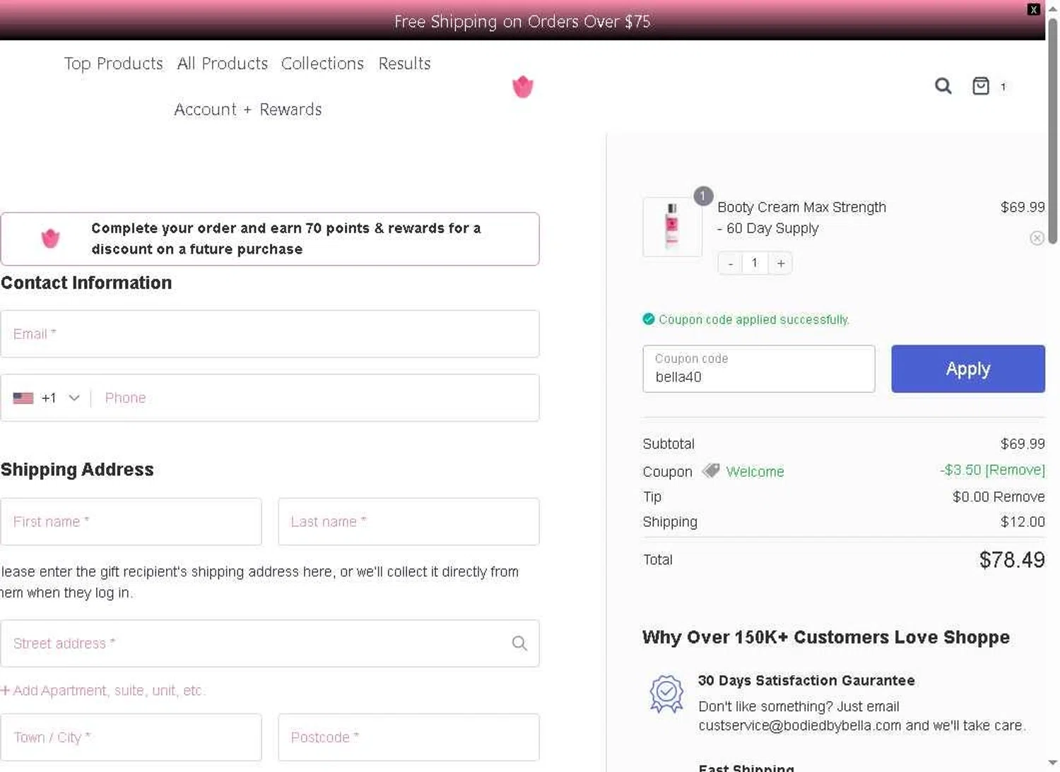 Bodied by Bella discount code screenshot showing code bella40 applied at Bodied by Bella checkout page. Uploaded by SimplyCodes community member jairinho on Aug 28, 2025