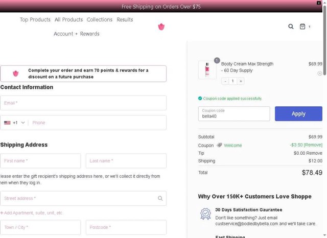 Bodied by Bella checkout page showing Bodied by Bella discount code box | Screenshot taken by SimplyCodes community member on Aug 28, 2025