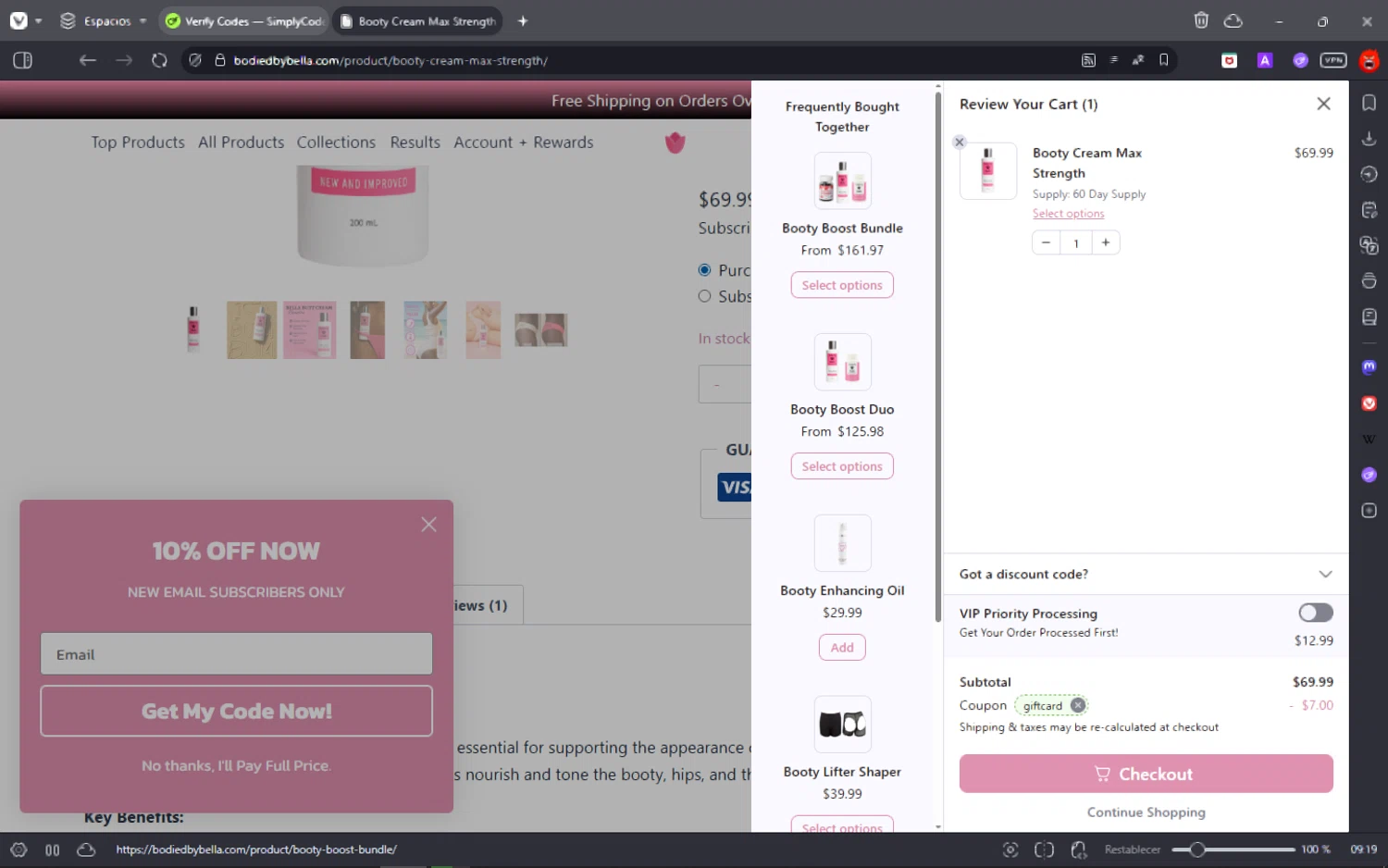 Bodied by Bella discount code screenshot showing code giftcard applied at Bodied by Bella checkout page. Uploaded by SimplyCodes community member fuguettt on Aug 28, 2025