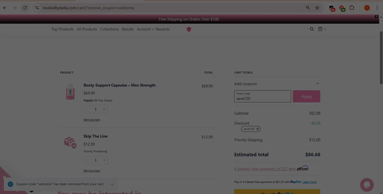 Bodied by Bella discount code screenshot showing code save120 applied at Bodied by Bella checkout page. Uploaded by SimplyCodes community member CashMaverick1144 on Jul 31, 2025