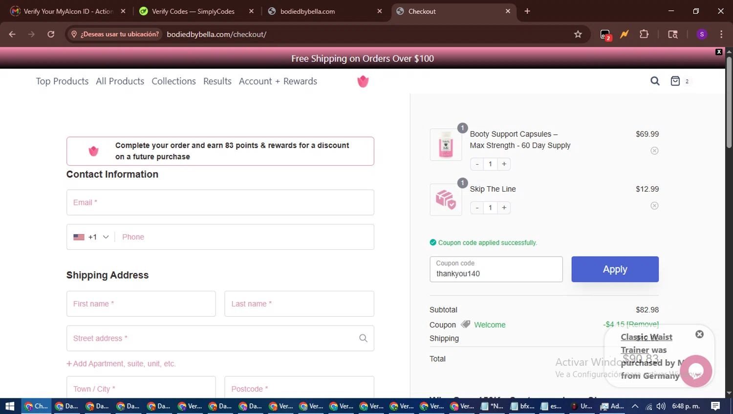 Bodied by Bella discount code screenshot showing code thankyou140 applied at Bodied by Bella checkout page. Uploaded by SimplyCodes community member ShieldWarden7838 on Jul 31, 2025