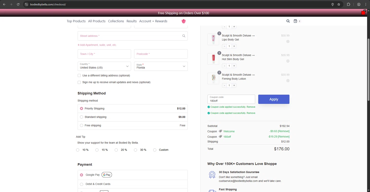 Bodied by Bella discount code screenshot showing code 180off applied at Bodied by Bella checkout page. Uploaded by SimplyCodes community member megagei on Jul 31, 2025