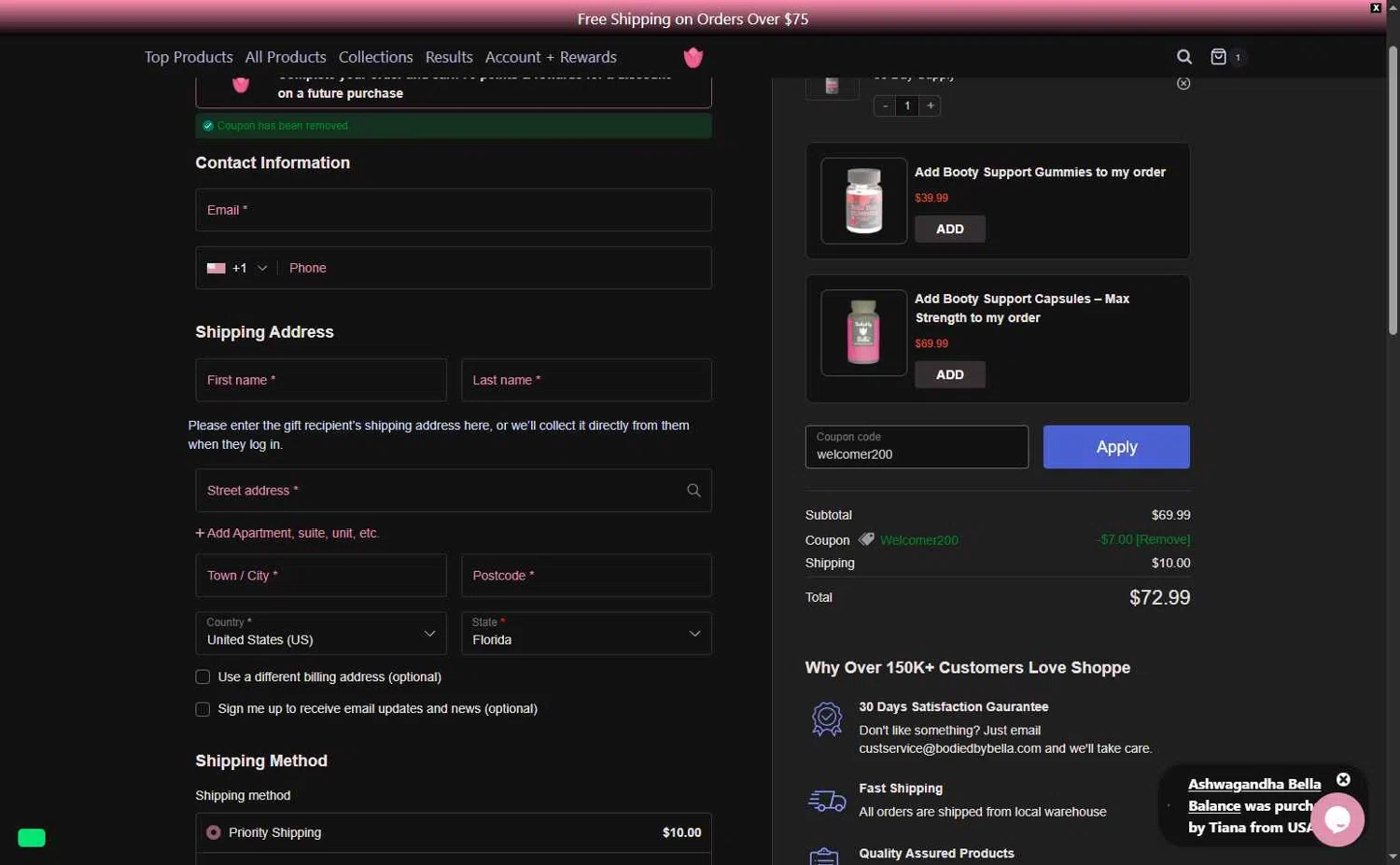 Bodied by Bella discount code screenshot showing code welcomer200 applied at Bodied by Bella checkout page. Uploaded by SimplyCodes community member Carloscoder_900457733 on Aug 29, 2025