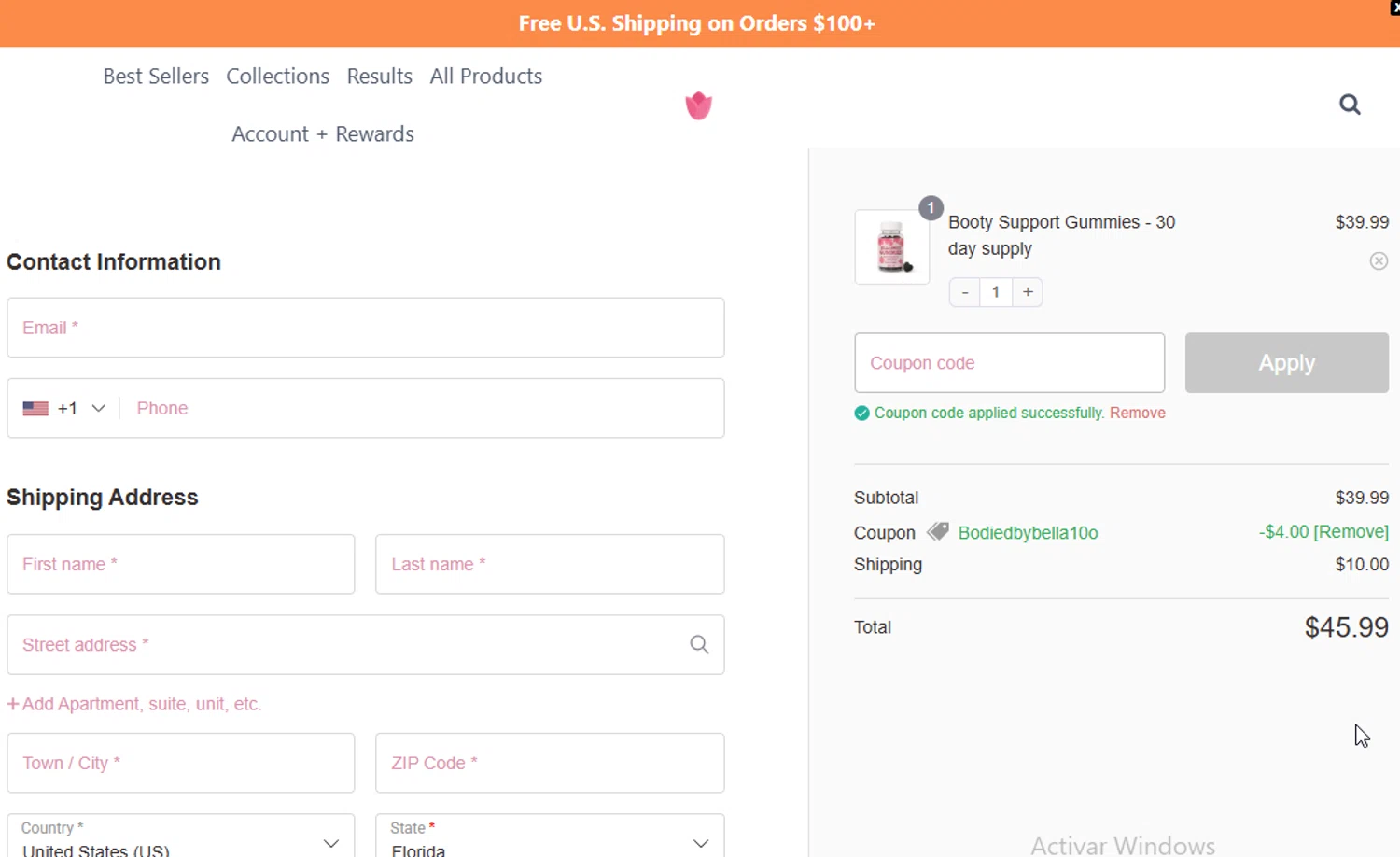 Bodied by Bella promo code screenshot showing code bodiedbybella10o applied at Bodied by Bella checkout page. Uploaded by SimplyCodes community member ligthYA on Feb 23, 2026