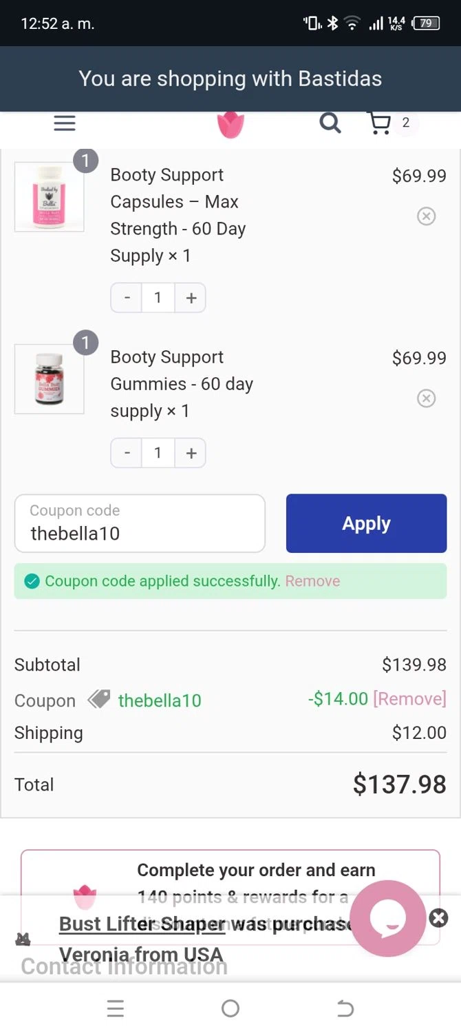 Bodied by Bella discount code screenshot showing code thebella10 applied at Bodied by Bella checkout page. Uploaded by SimplyCodes community member Zlatan23 on Aug 28, 2025