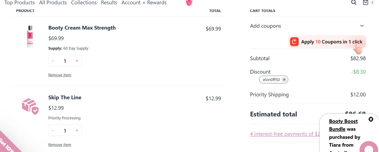 Bodied by Bella discount code screenshot showing code Elon0ff50 applied at Bodied by Bella checkout page. Uploaded by SimplyCodes community member juancrisostomo on Jul 30, 2025