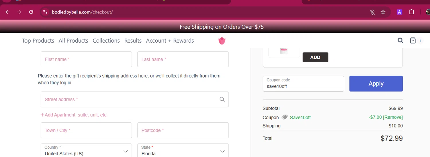 Bodied by Bella discount code screenshot showing code save10off applied at Bodied by Bella checkout page. Uploaded by SimplyCodes community member titico on Aug 29, 2025