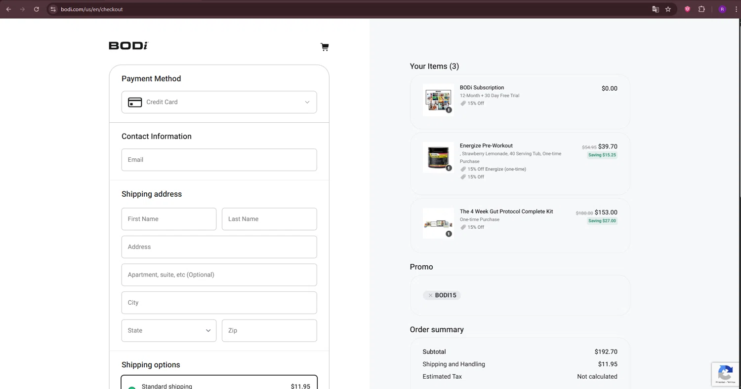 BODi US promo code screenshot showing code BODI15 applied at BODi US checkout page. Uploaded by SimplyCodes community member ThriftySage9319 on Aug 7, 2025