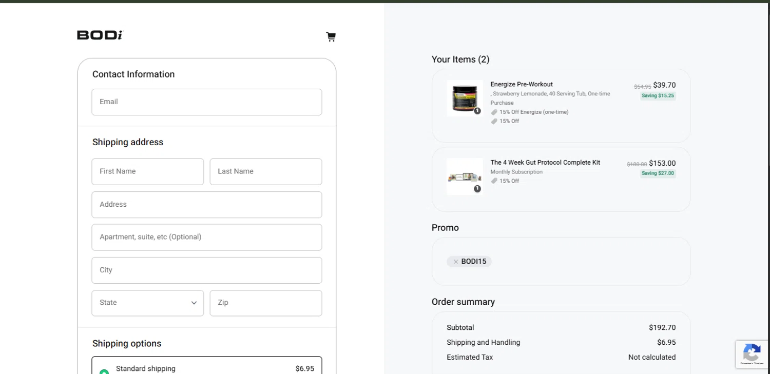 BODi US promo code screenshot showing code BODI15 applied at BODi US checkout page. Uploaded by SimplyCodes community member davisams on Sep 13, 2025