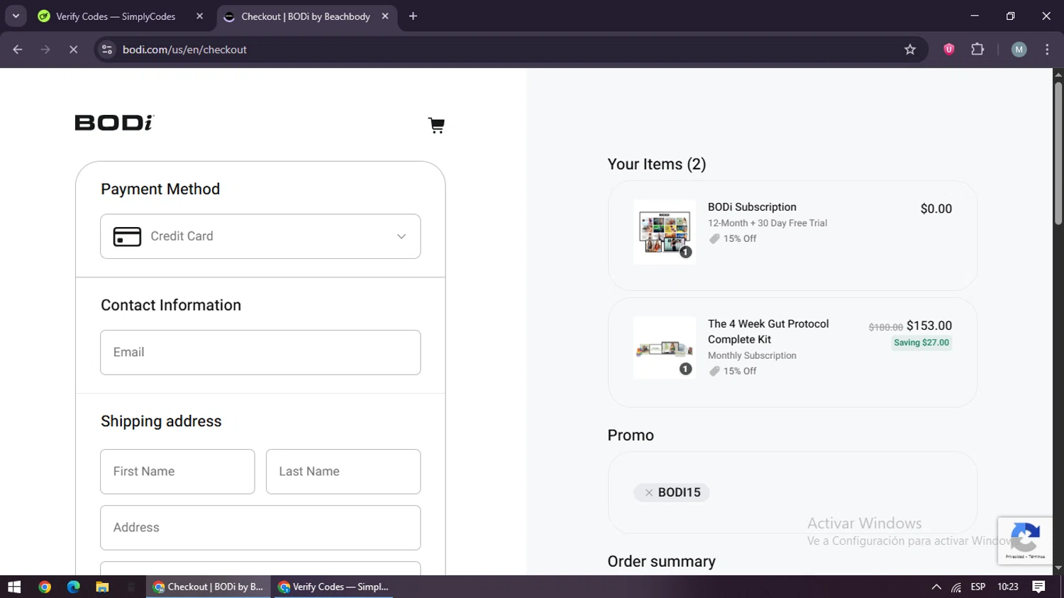 BODi US promo code screenshot showing code BODI15 applied at BODi US checkout page. Uploaded by SimplyCodes community member maraxo on Aug 7, 2025