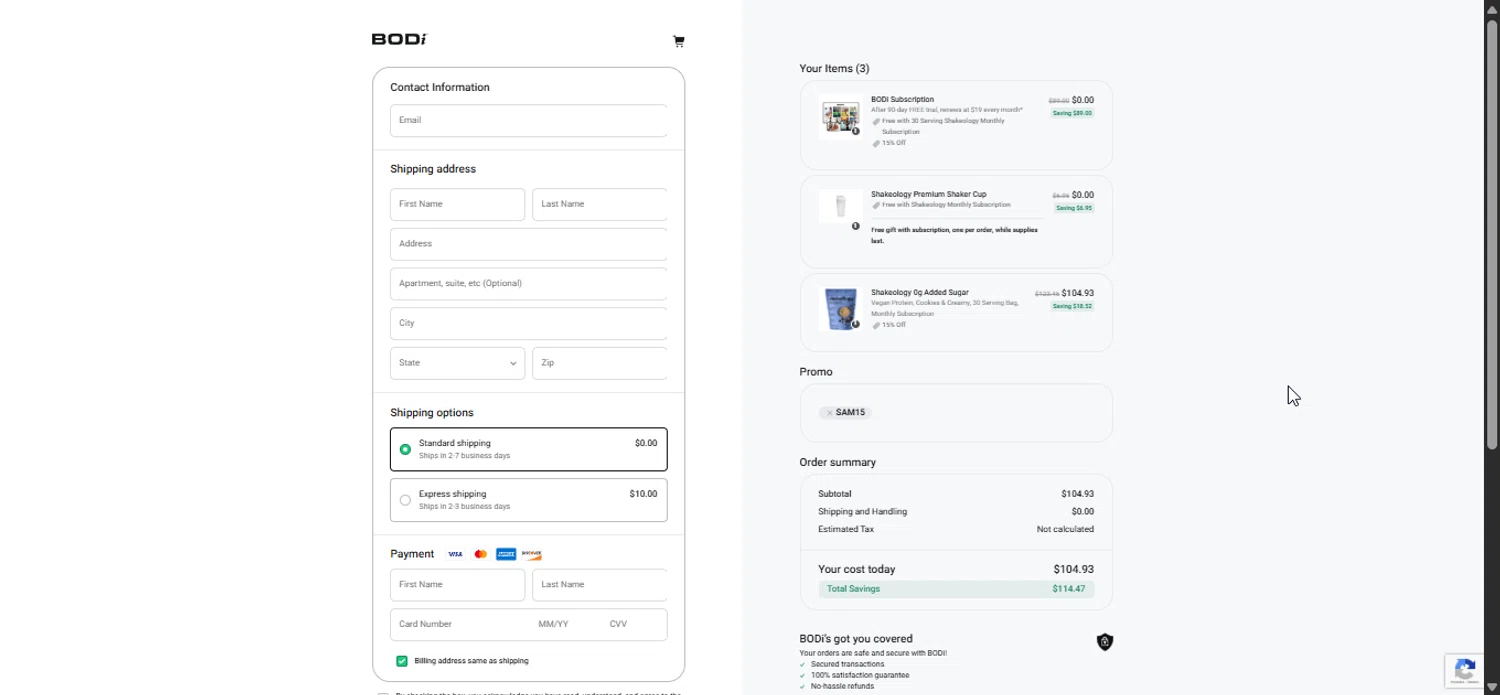 BODi US checkout page showing BODi US promo code box | Screenshot taken by SimplyCodes community member on Jan 15, 2026