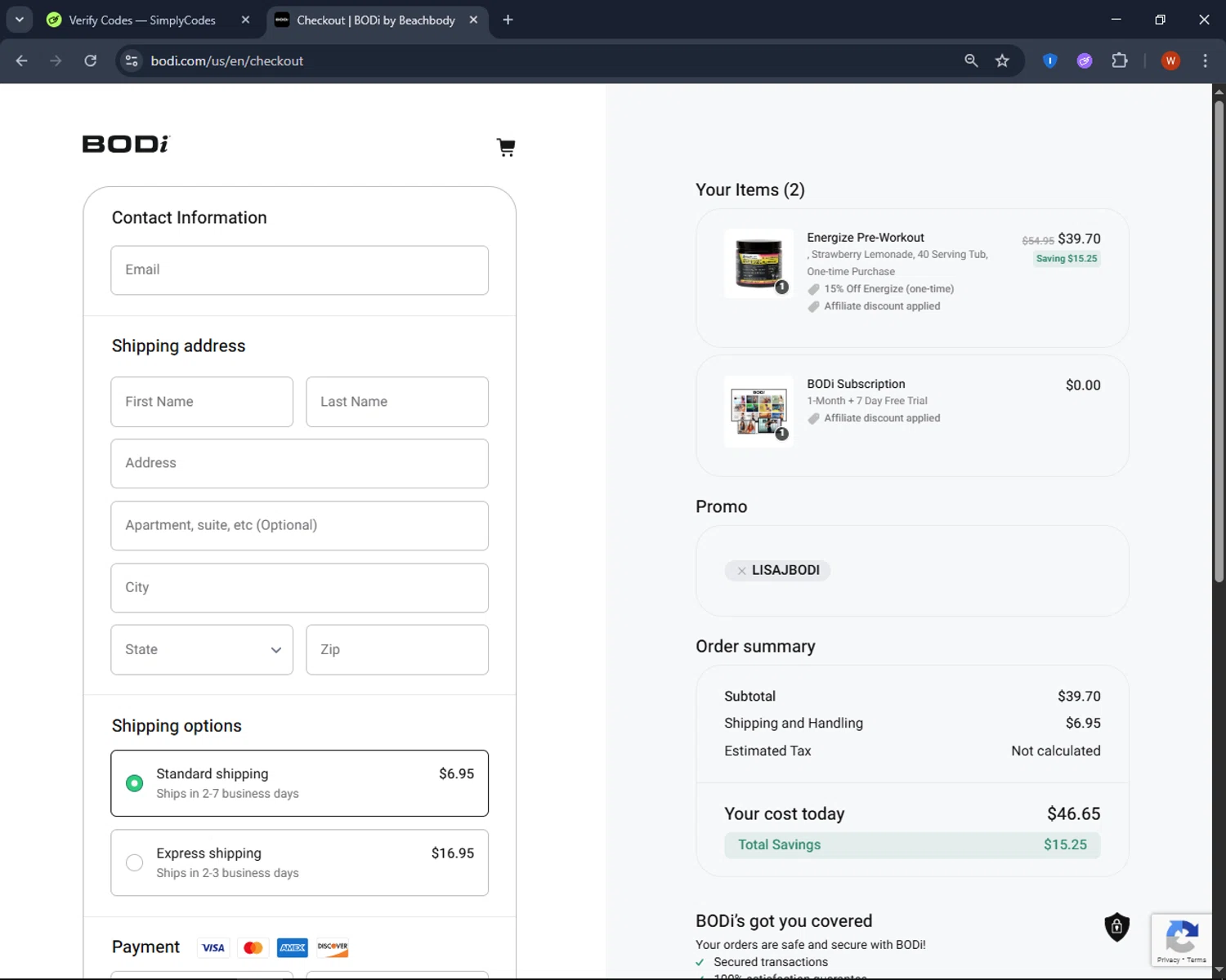 BODi US promo code screenshot showing code LISAJBODI applied at BODi US checkout page. Uploaded by SimplyCodes community member CashPro9699 on Nov 3, 2025