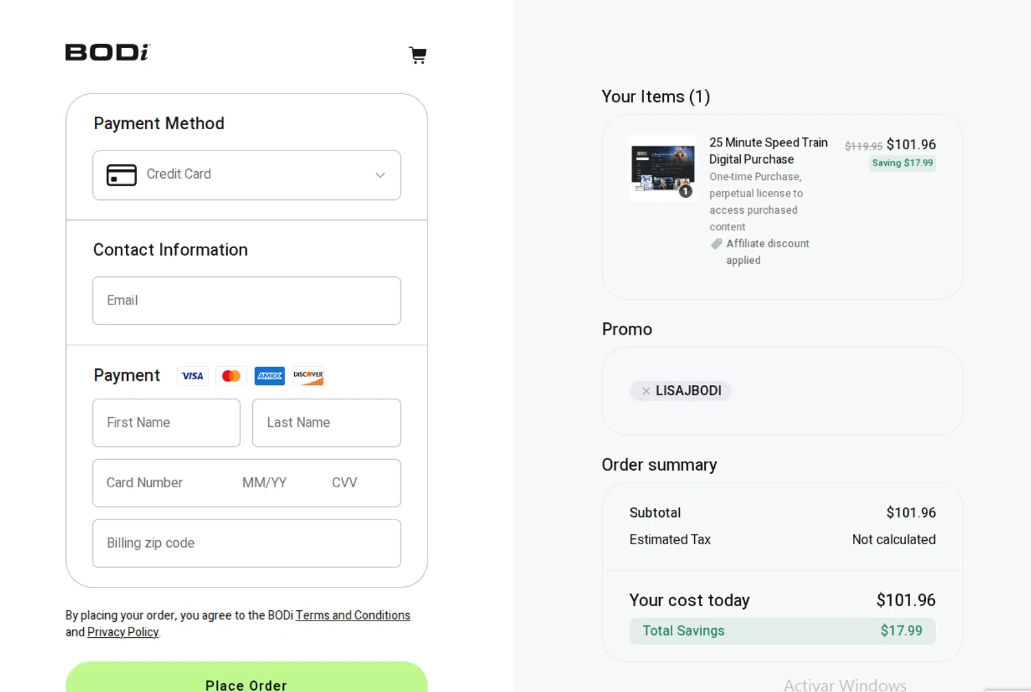 BODi US promo code screenshot showing code LISAJBODI applied at BODi US checkout page. Uploaded by SimplyCodes community member FrugalKnight782 on Nov 3, 2025