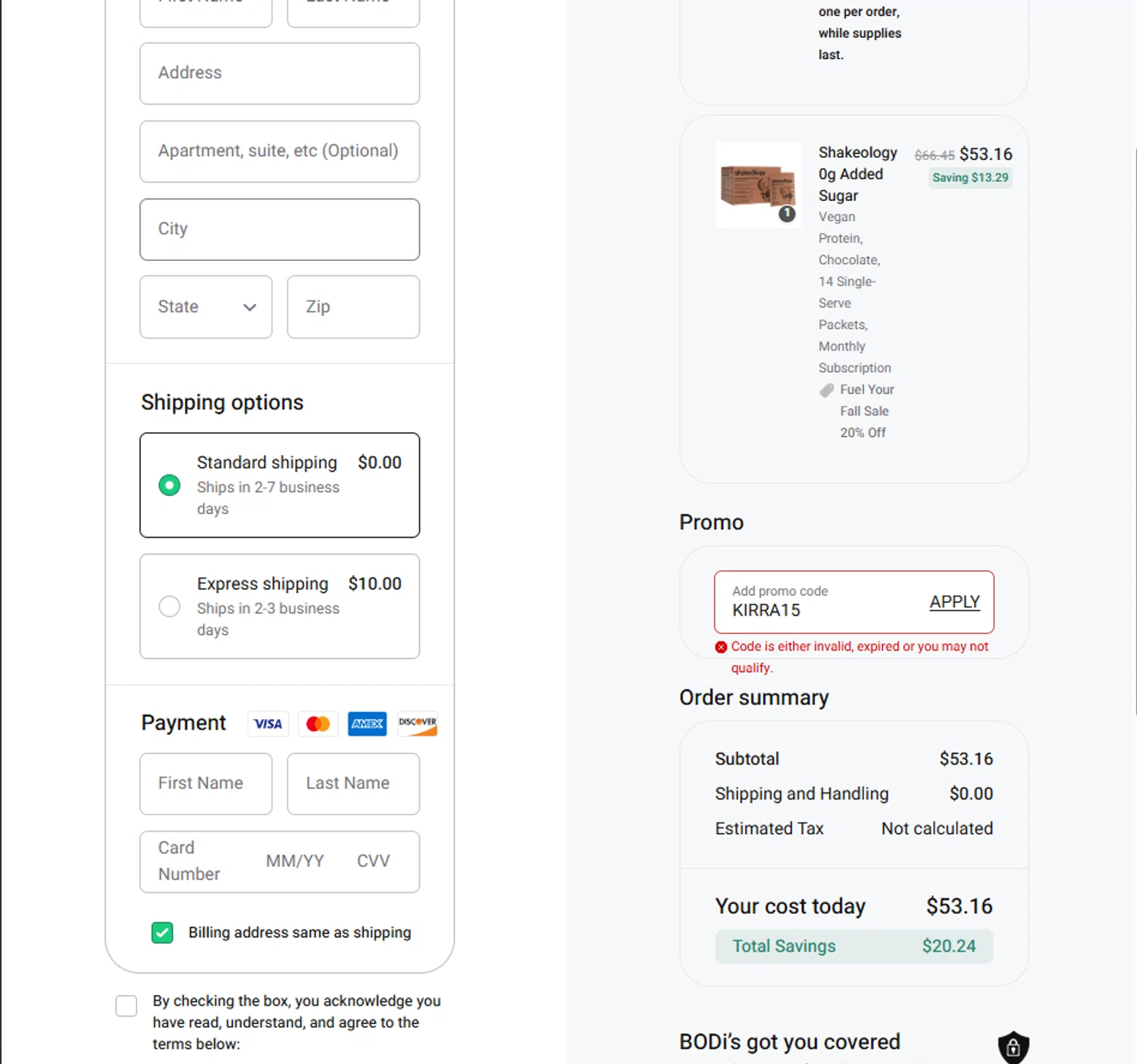 BODi US promo code screenshot showing code KIRRA15 applied at BODi US checkout page. Uploaded by SimplyCodes community member Frionel_Pessi on Oct 3, 2025