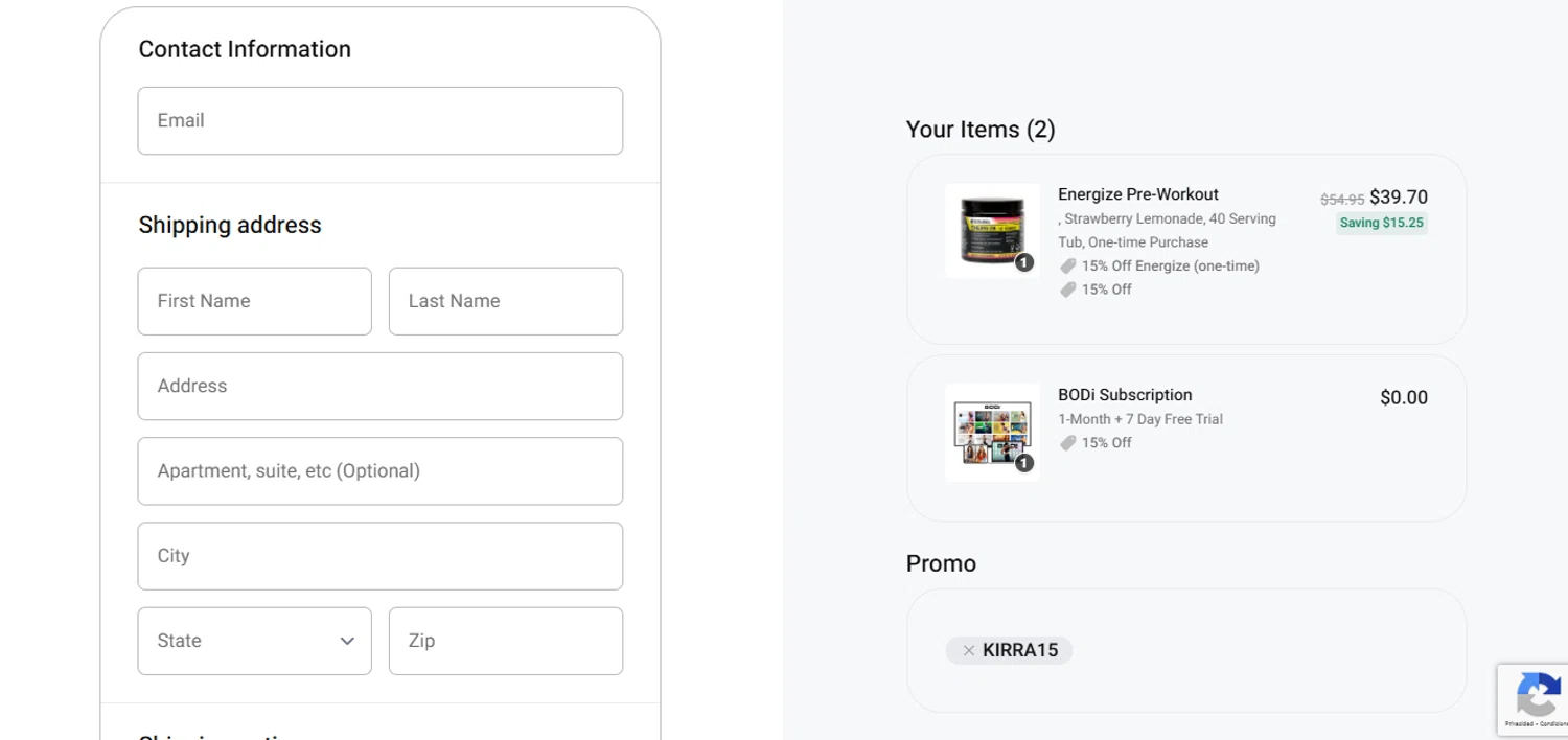BODi US promo code screenshot showing code KIRRA15 applied at BODi US checkout page. Uploaded by SimplyCodes community member widdyto on Oct 22, 2025