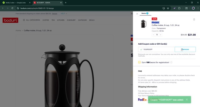 BODUM checkout page showing BODUM coupon code box | Screenshot taken by SimplyCodes community member on Jun 13, 2025