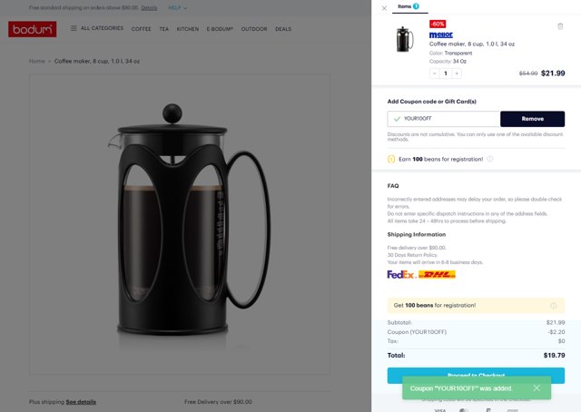 BODUM checkout page showing BODUM coupon code box | Screenshot taken by SimplyCodes community member on Jun 18, 2025