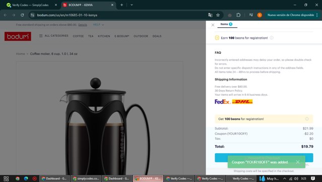 BODUM checkout page showing BODUM coupon code box | Screenshot taken by SimplyCodes community member on May 21, 2025