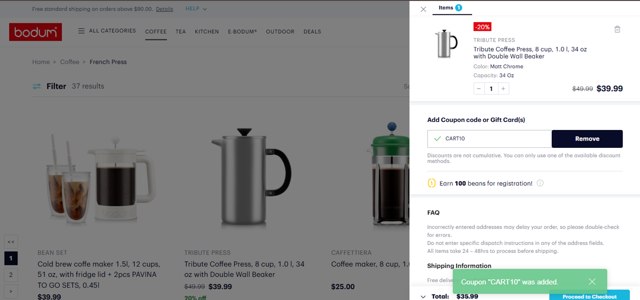 BODUM checkout page showing BODUM coupon code box | Screenshot taken by SimplyCodes community member on Jun 6, 2025