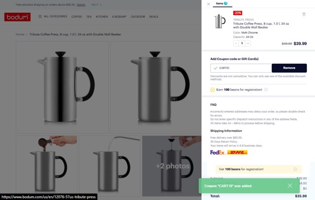 BODUM checkout page showing BODUM coupon code box | Screenshot taken by SimplyCodes community member on May 21, 2025