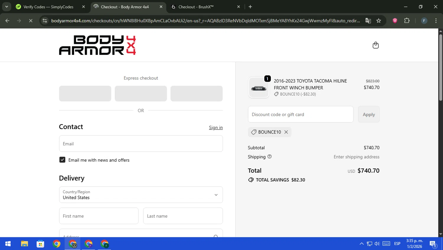 Body Armor 4x4 checkout page showing Body Armor 4x4 discount code box | Screenshot taken by SimplyCodes community member on Feb 1, 2026