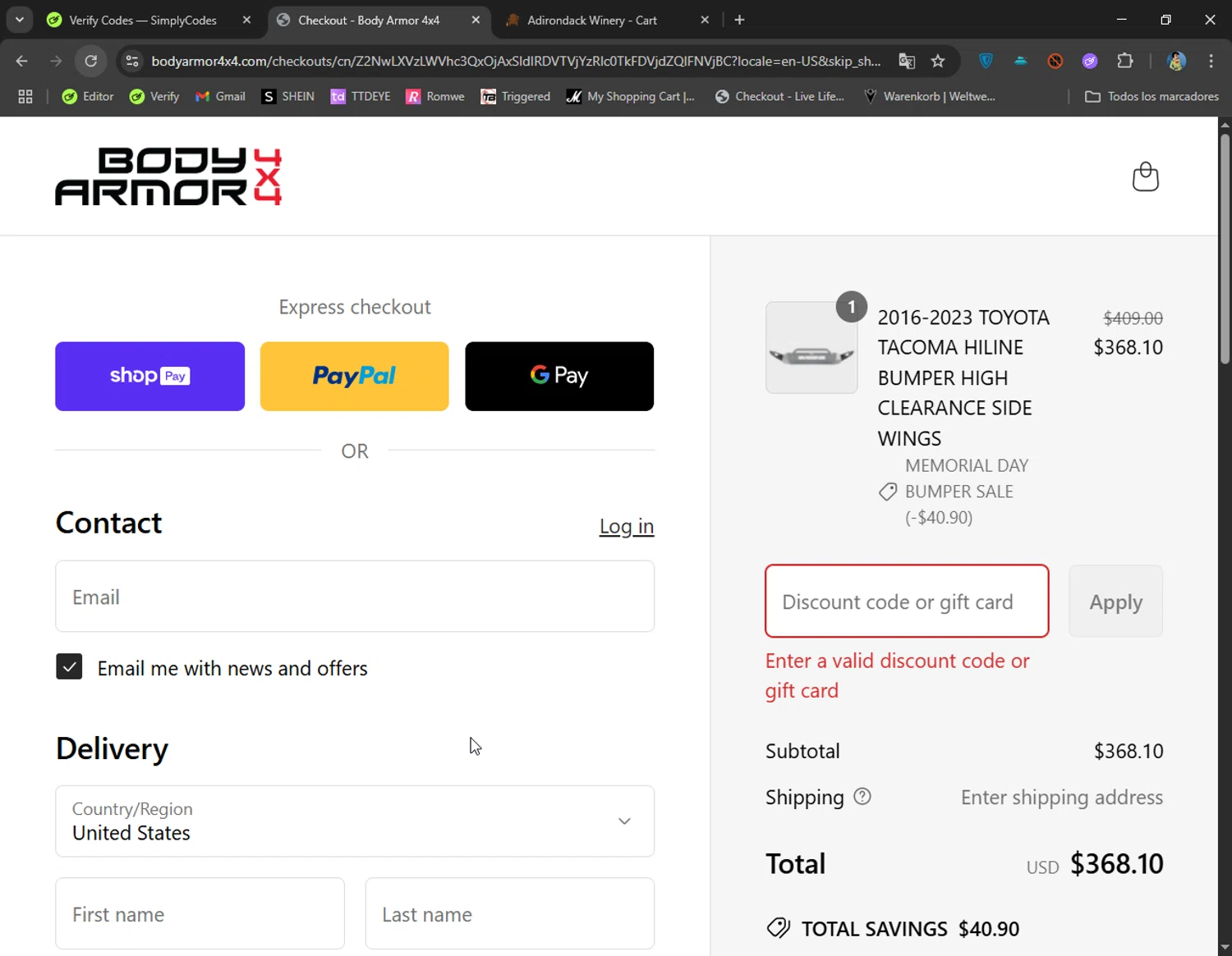 Body Armor 4x4 discount code screenshot showing code DOORS applied at Body Armor 4x4 checkout page. Uploaded by SimplyCodes community member CoolMcCool on May 30, 2025