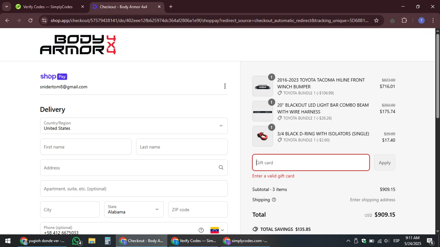 Body Armor 4x4 discount code screenshot showing code MEMORIAL applied at Body Armor 4x4 checkout page. Uploaded by SimplyCodes community member snidertom8 on May 24, 2025