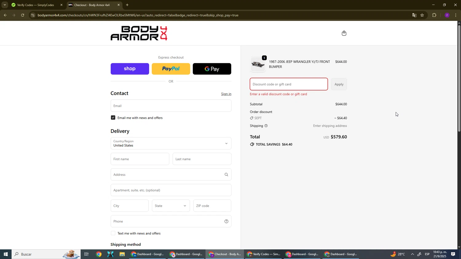 Body Armor 4x4 discount code screenshot showing code SEPT applied at Body Armor 4x4 checkout page. Uploaded by SimplyCodes community member El_mynor on Sep 22, 2025